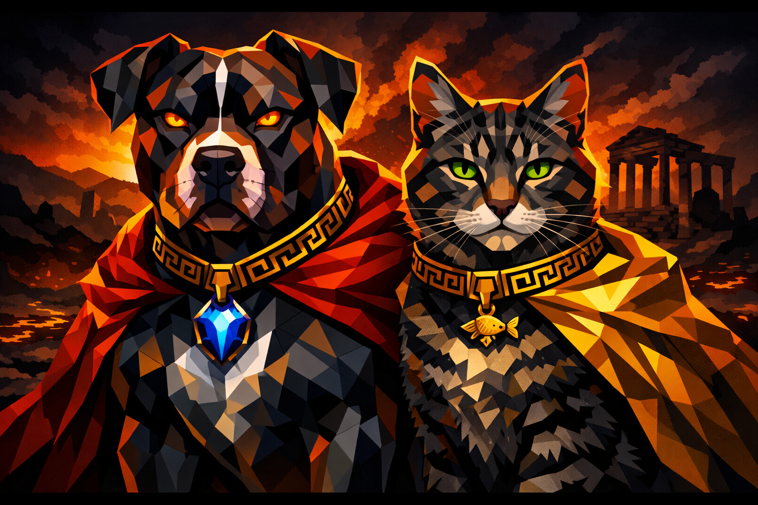 Anya and Saucer, the guardians of Bone & Saucer, standing before ancient Greek ruins in geometric low-poly art